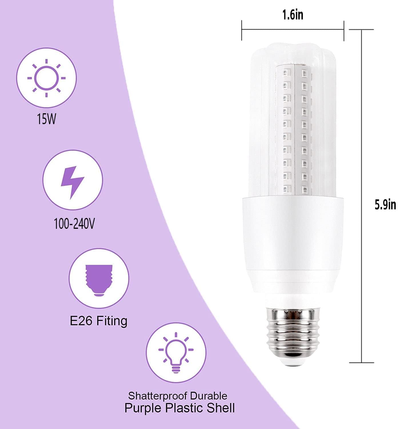 GOHDLAMP 15W LED black light bulb showing E26 base and purple glow - 2