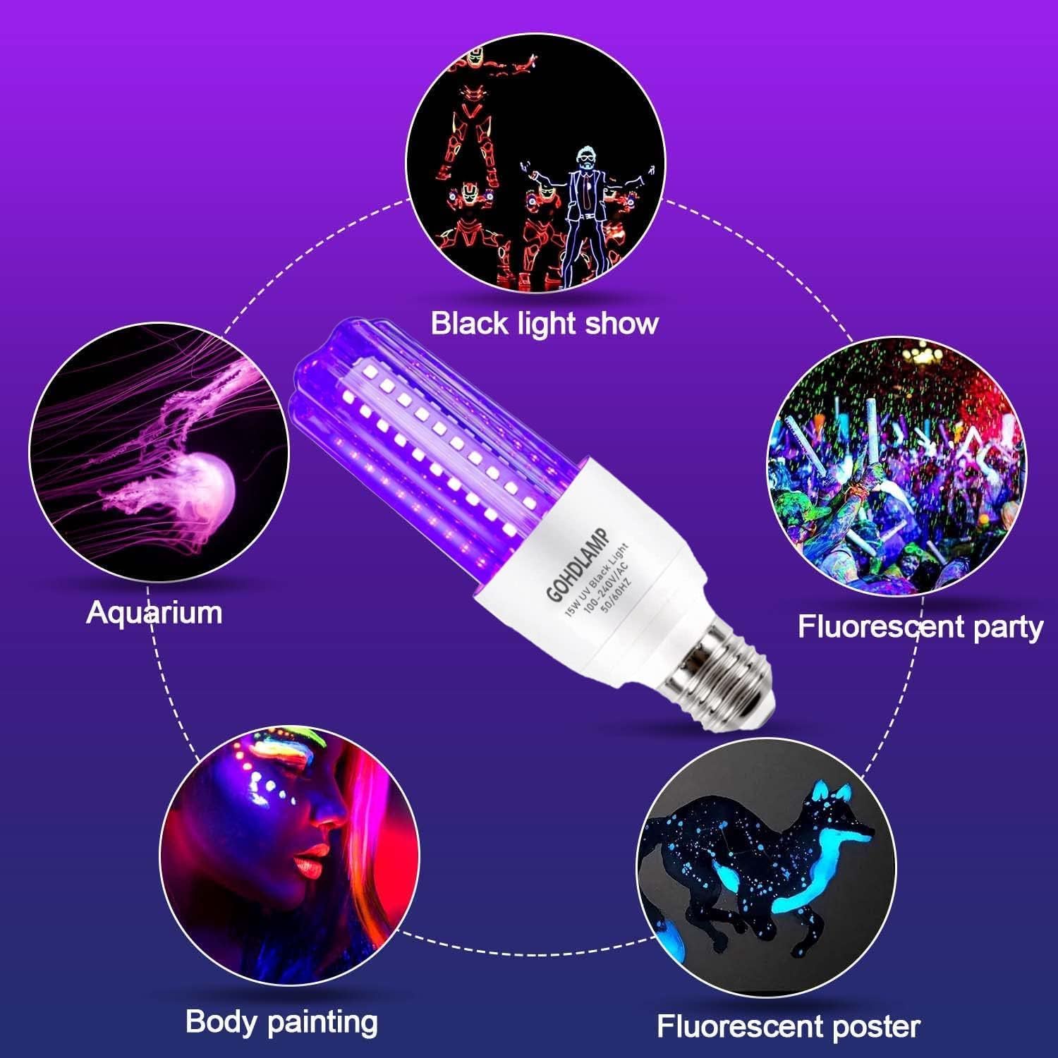 GOHDLAMP 15W LED black light bulb showing E26 base and purple glow - 4