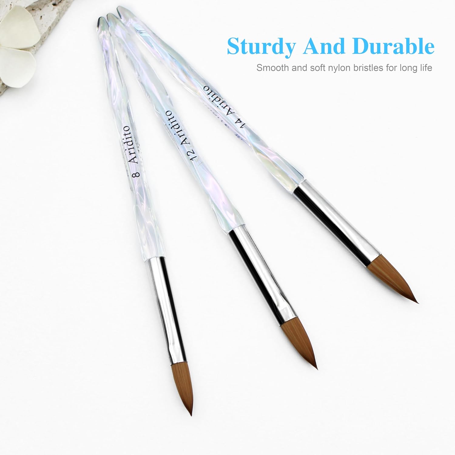 Aridito 3-piece acrylic nail brushes sizes 8 12 14 with transparent handles - 2