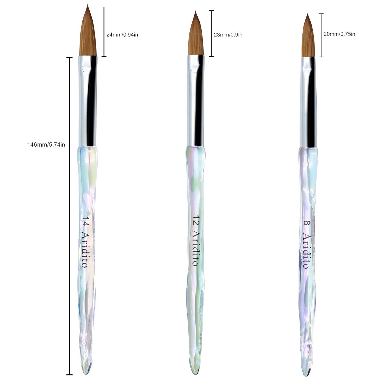 Aridito 3-piece acrylic nail brushes sizes 8 12 14 with transparent handles - 3