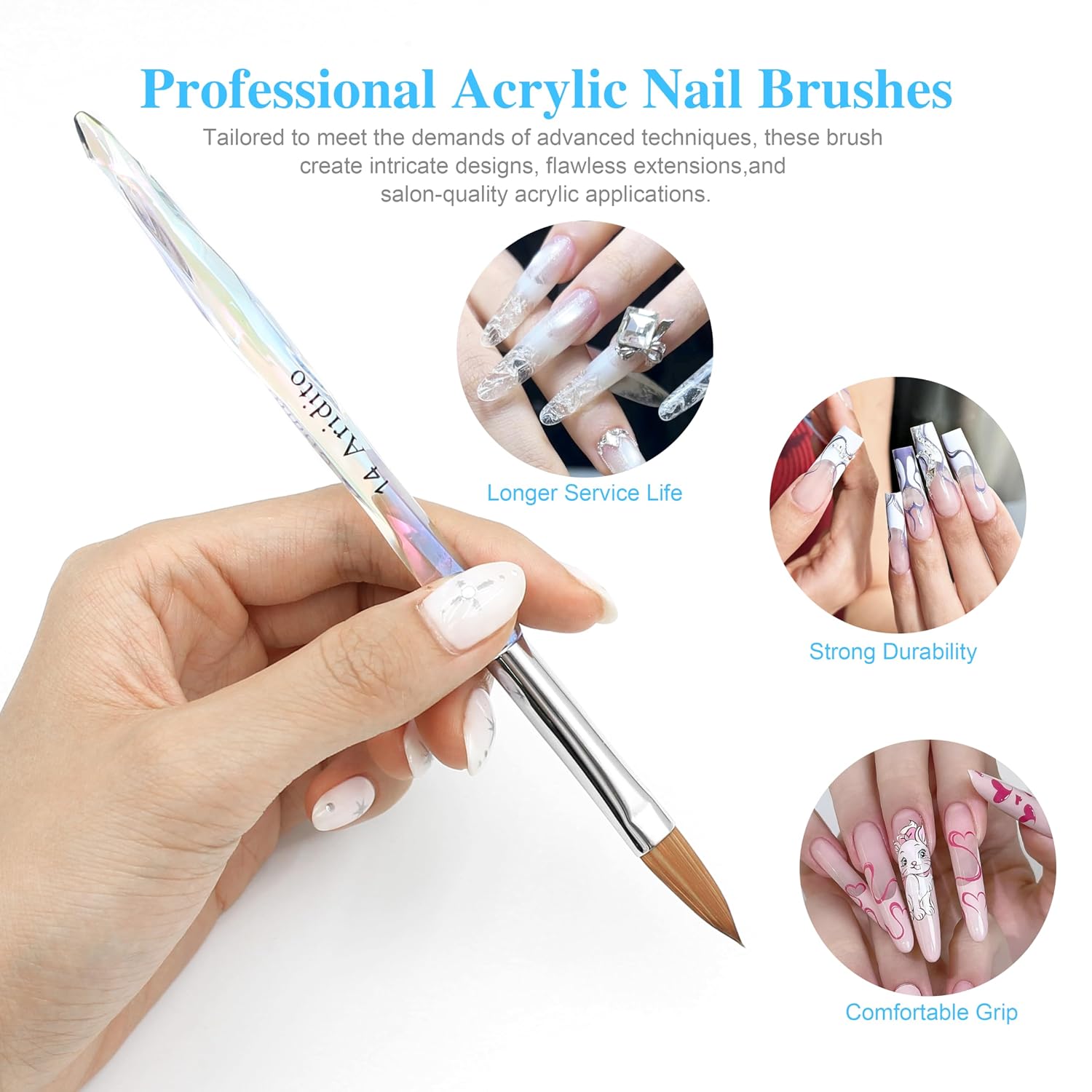 Aridito 3-piece acrylic nail brushes sizes 8 12 14 with transparent handles - 4
