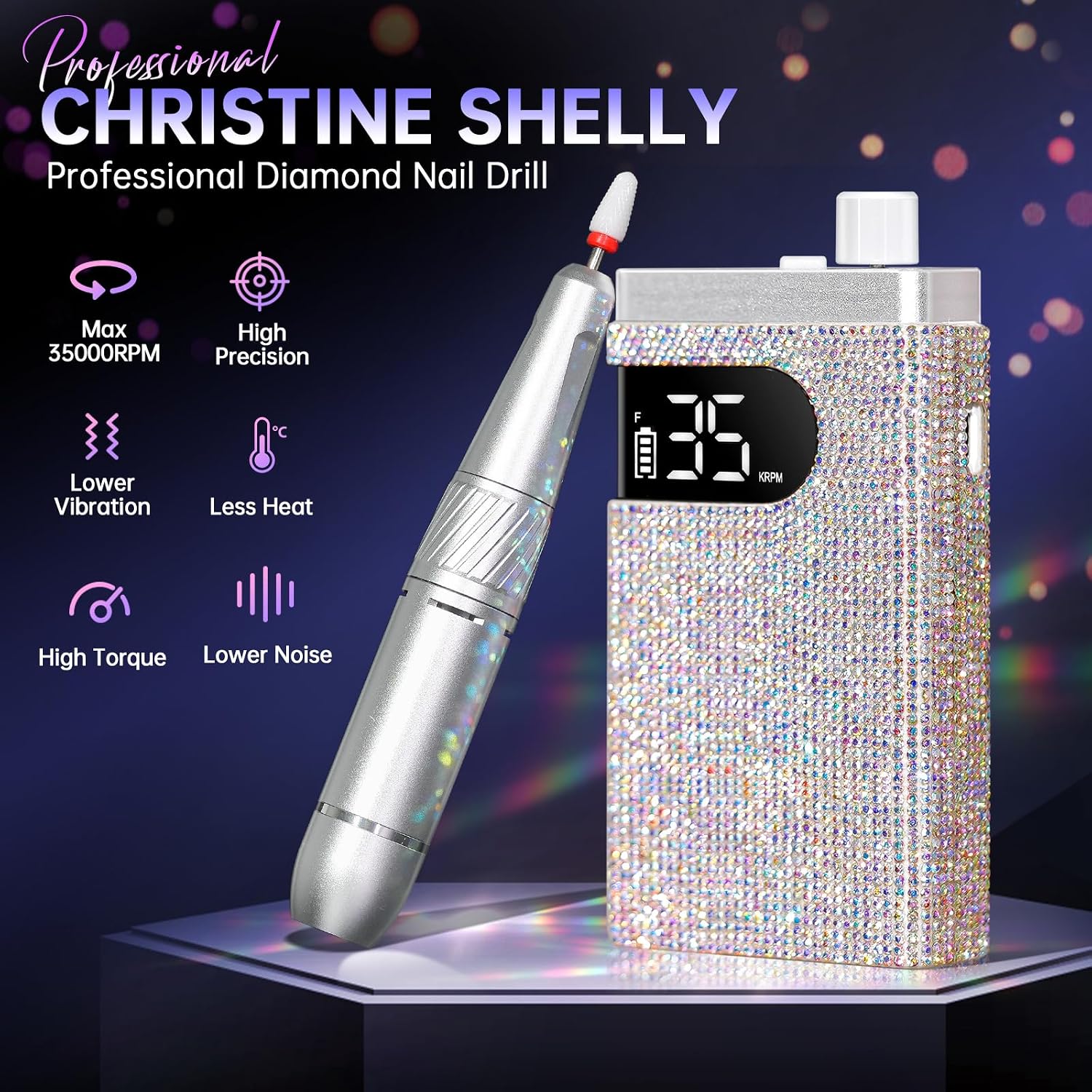 CHRISTINE SHELLY portable electric nail drill handpiece and 12 drill bits, mini rechargeable e-file with diamond finish - 2