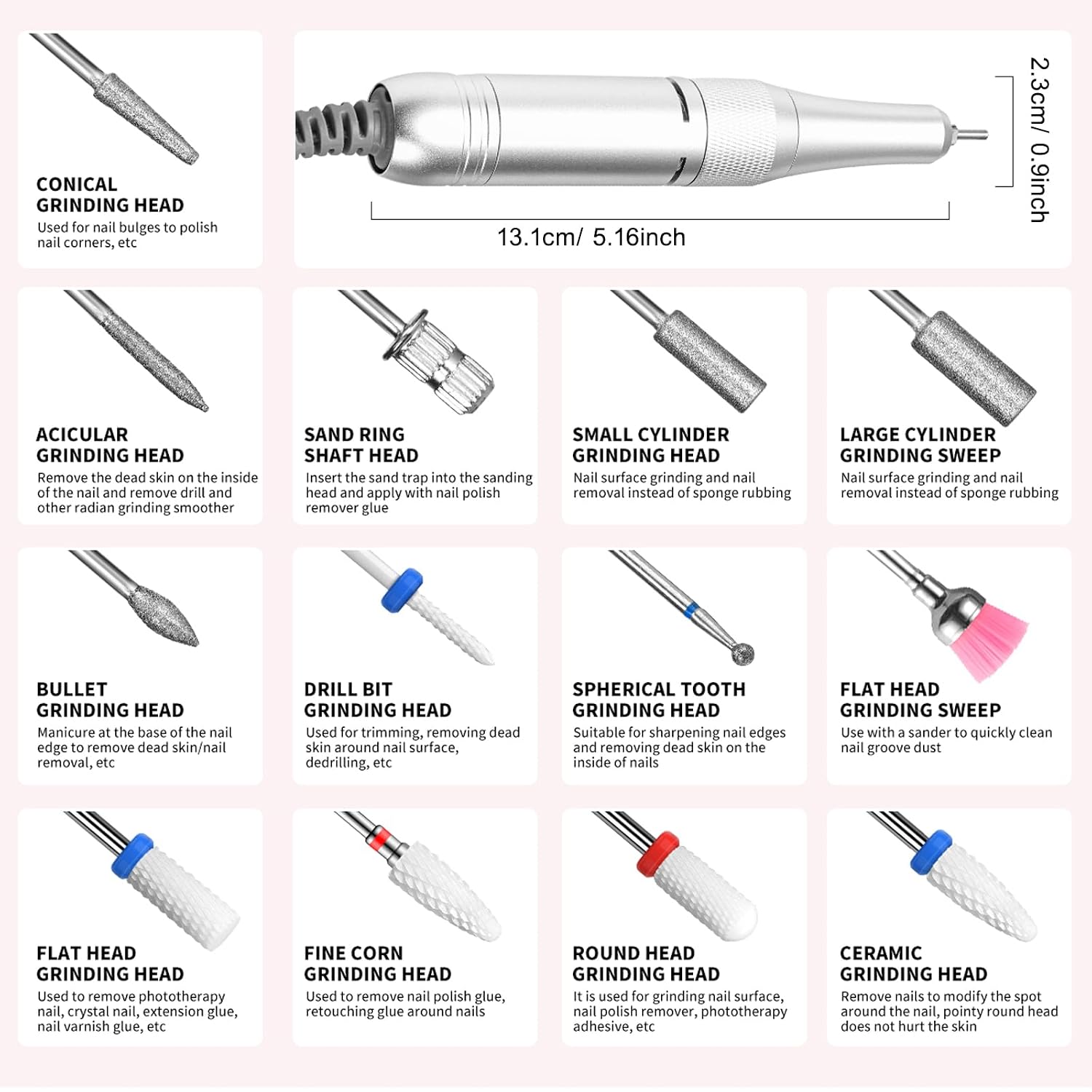 White rechargeable electric nail drill with 13 bits and 56 sanding bands - 2