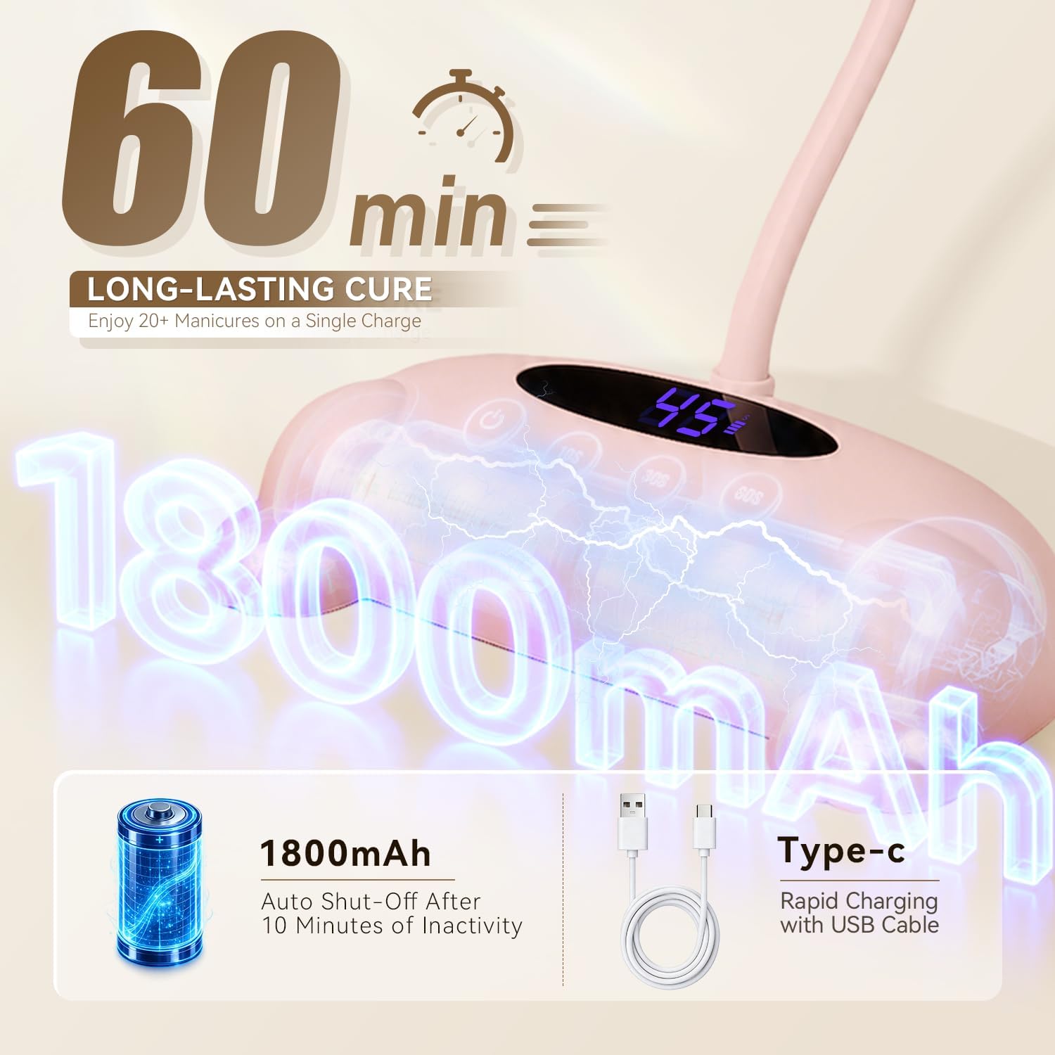 AORAEM cordless 48W gooseneck UV nail lamp with digital display and flexible arm - 4