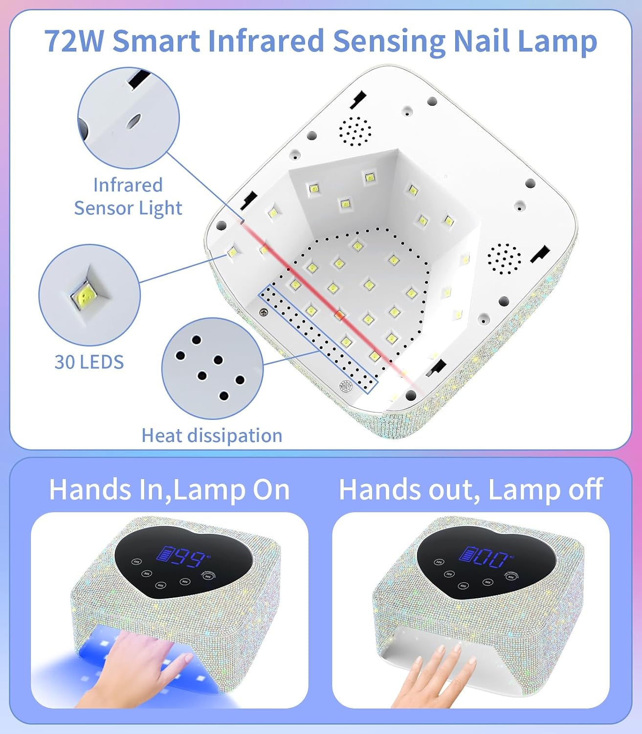 HUGMAPLE sparkly diamond cordless 72W UV LED nail lamp - 2