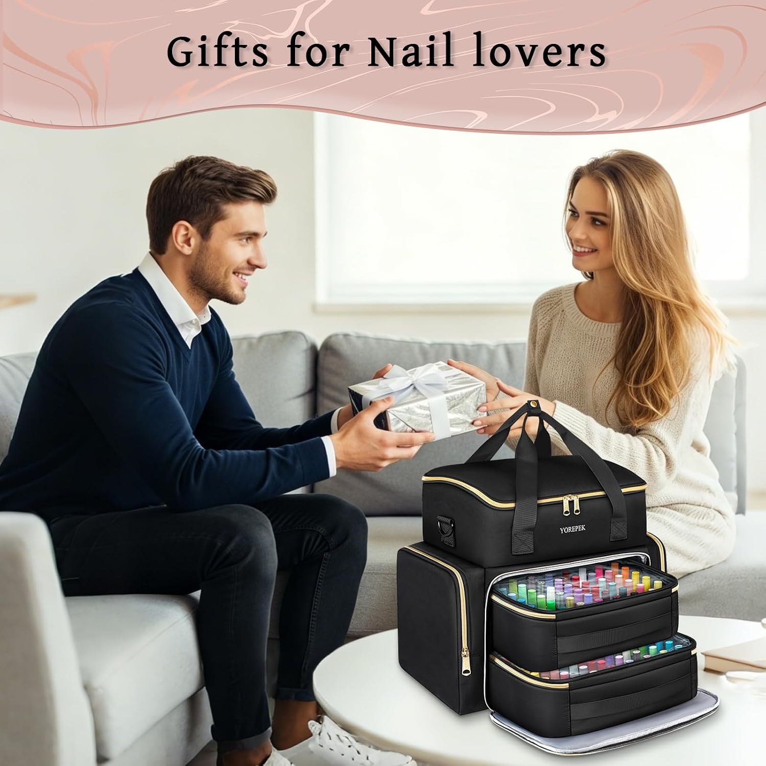 YOREPEK extra large nail polish organizer case open showing two removable sponge-slot pouches and top compartment - 2
