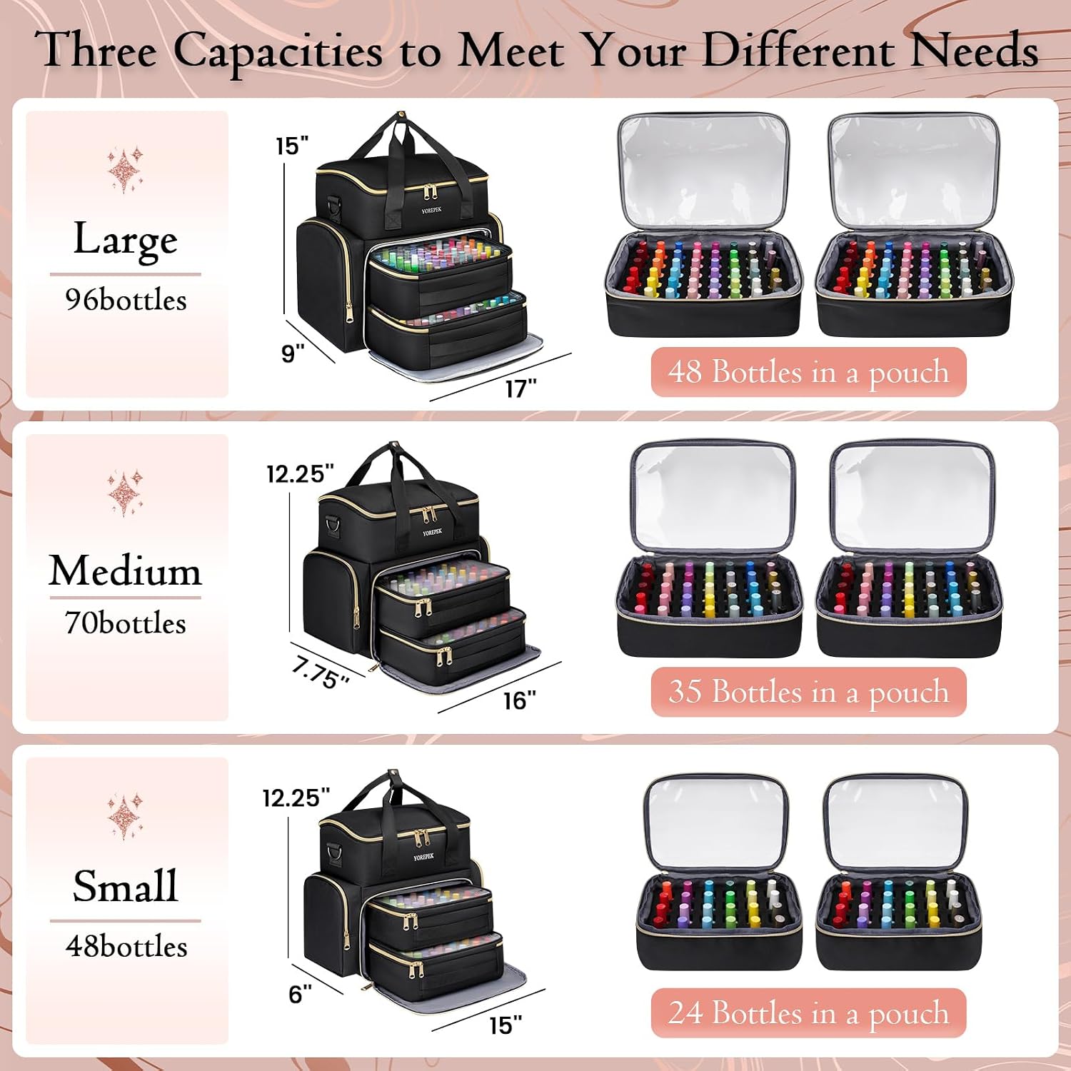 YOREPEK extra large nail polish organizer case open showing two removable sponge-slot pouches and top compartment - 3