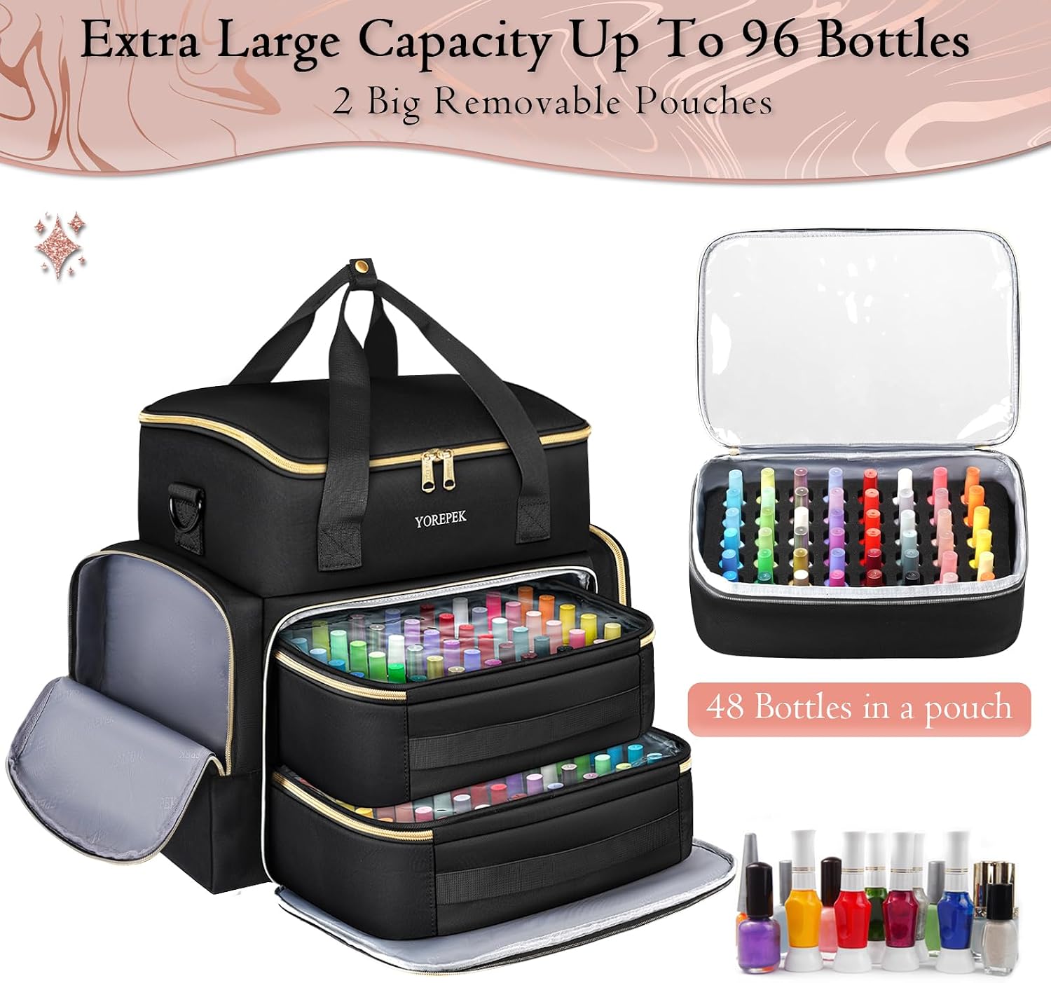 YOREPEK extra large nail polish organizer case open showing two removable sponge-slot pouches and top compartment - 4