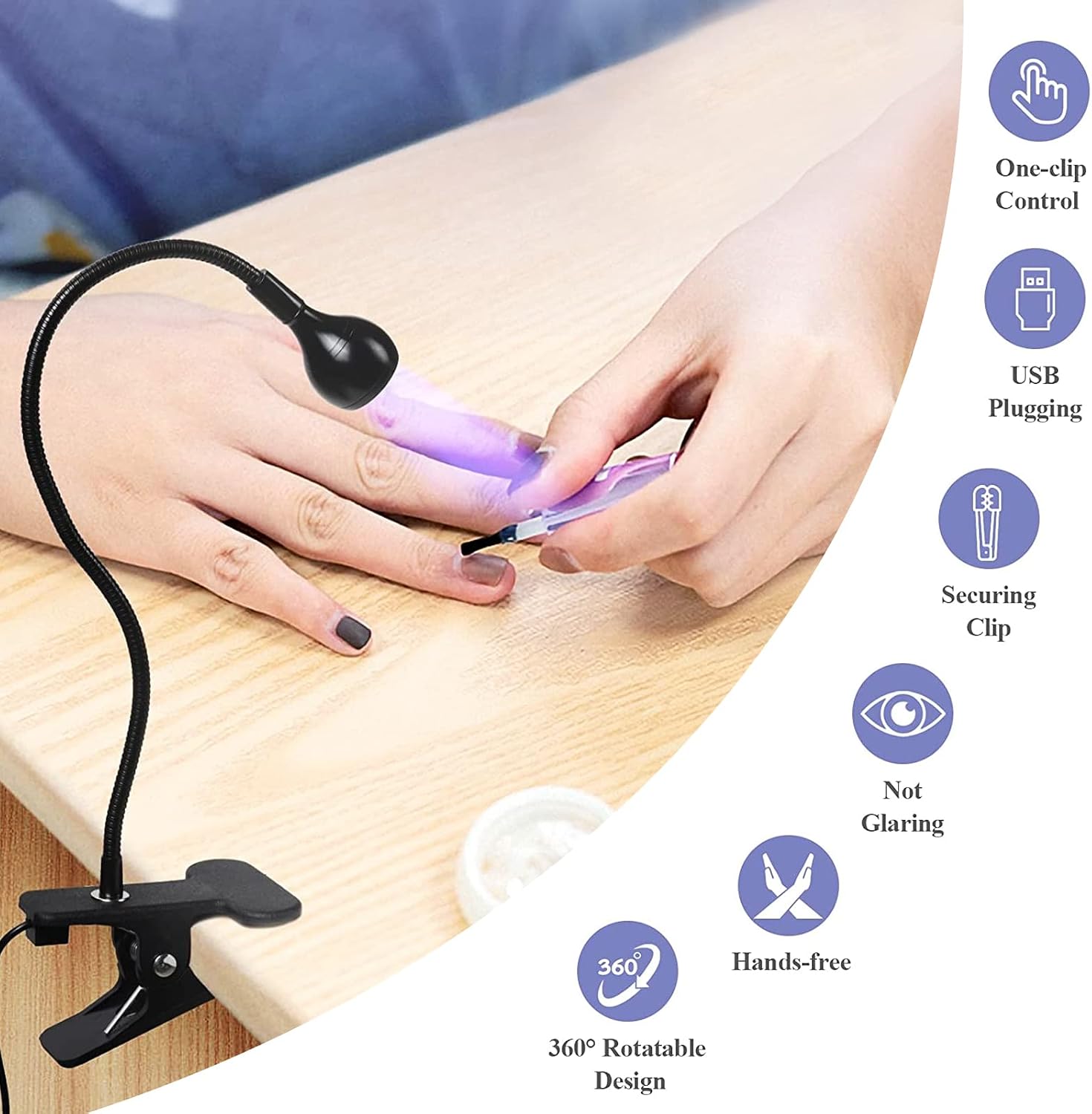 BUCICE 3W gooseneck USB UV nail lamp positioned over fingernail - 4
