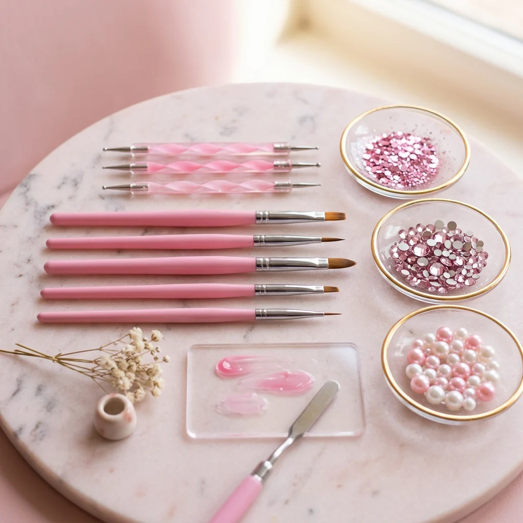 Pink nail art brushes, dotting tools, rhinestones and pearls