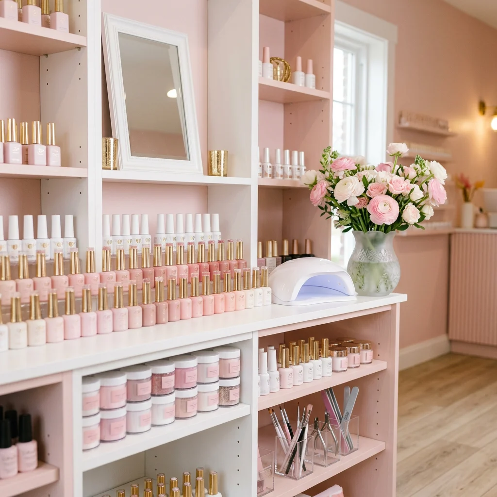 Nail supply boutique shelves stocked with gel polish, acrylic powders and nail tools