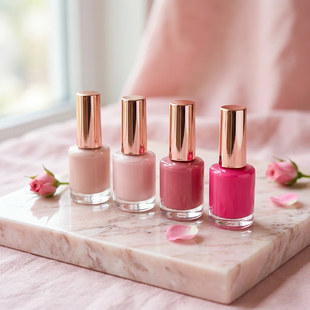 Pink and nude gel nail polish bottles on a pink marble stand