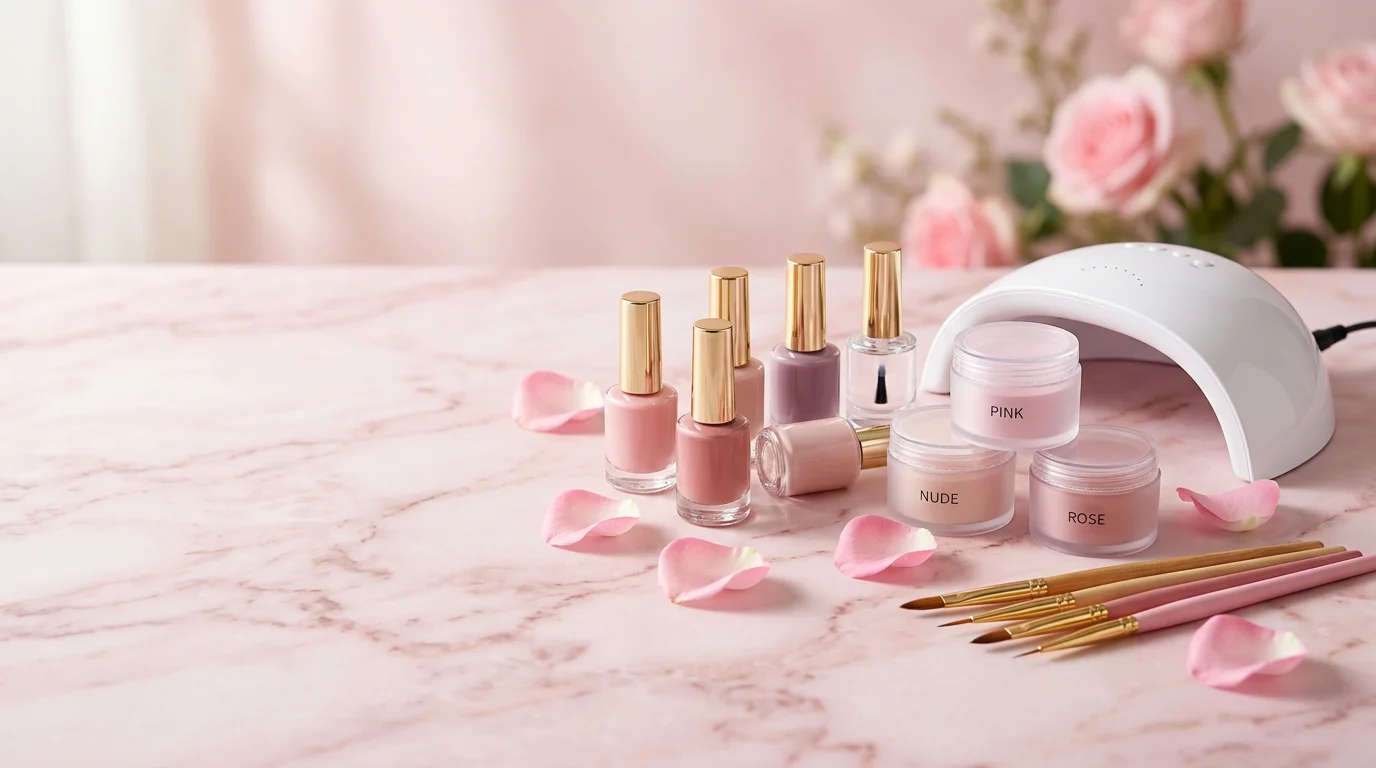 Pink gel nail polish, acrylic powders, nail art brushes and a UV LED nail lamp on pink marble