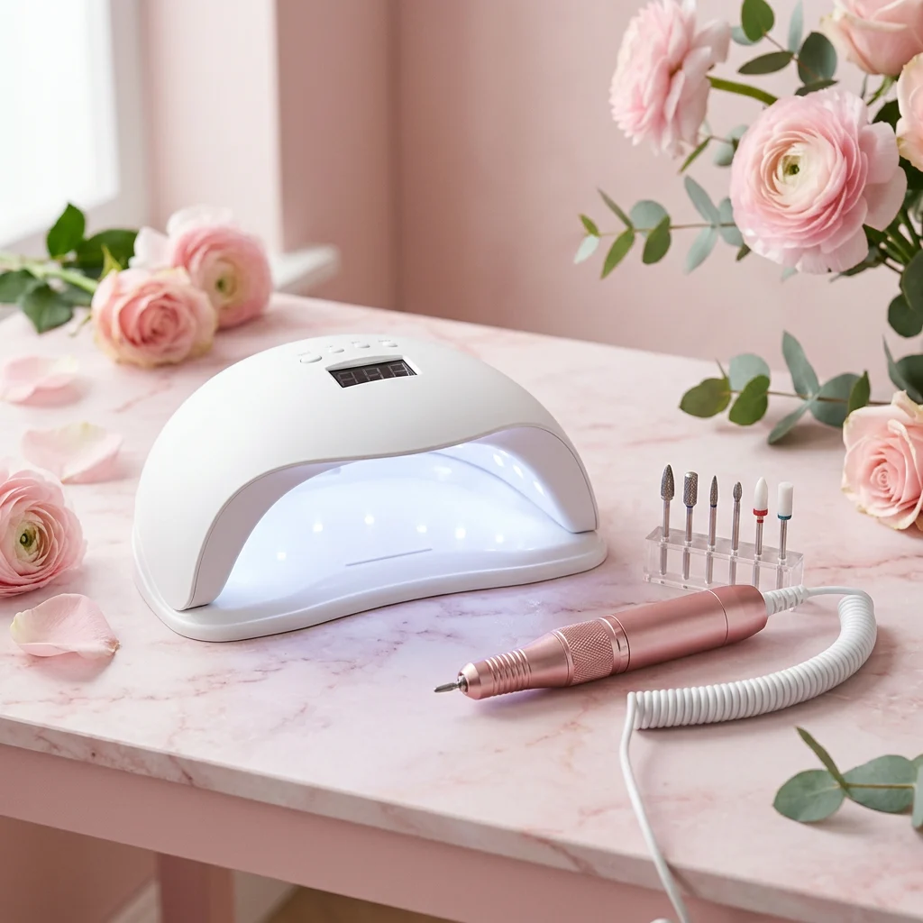 White UV LED nail lamp and rose-gold electric nail drill with drill bits