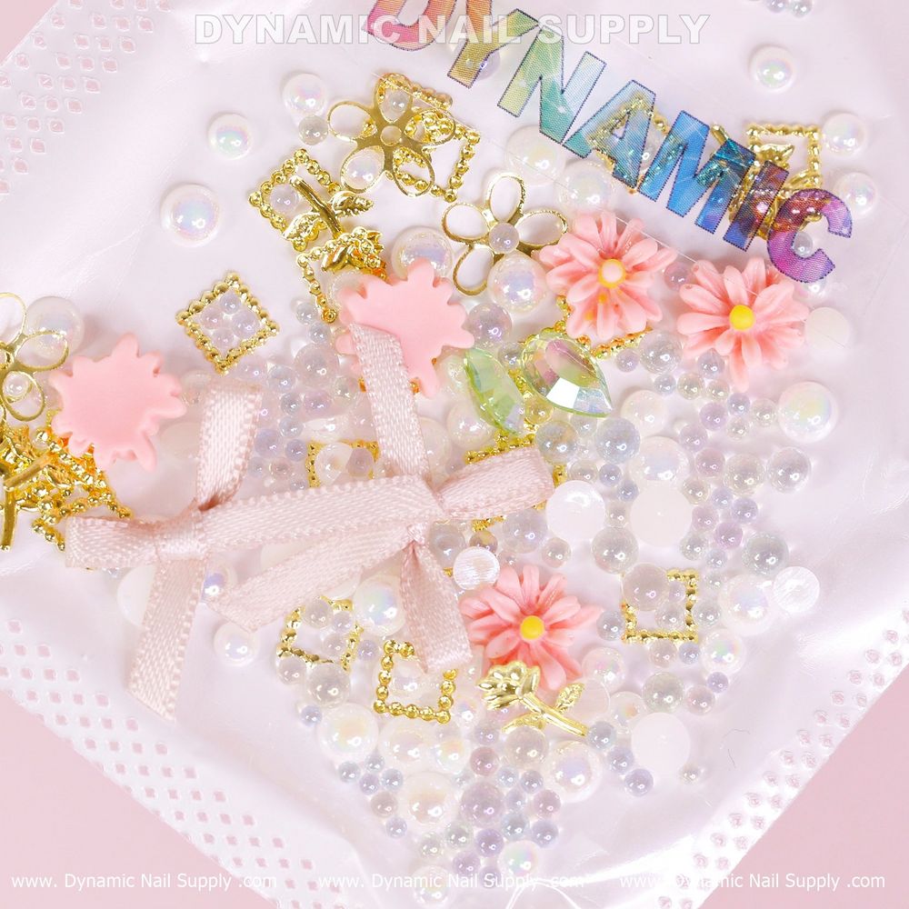 white pearls and pink flower charms - 2
